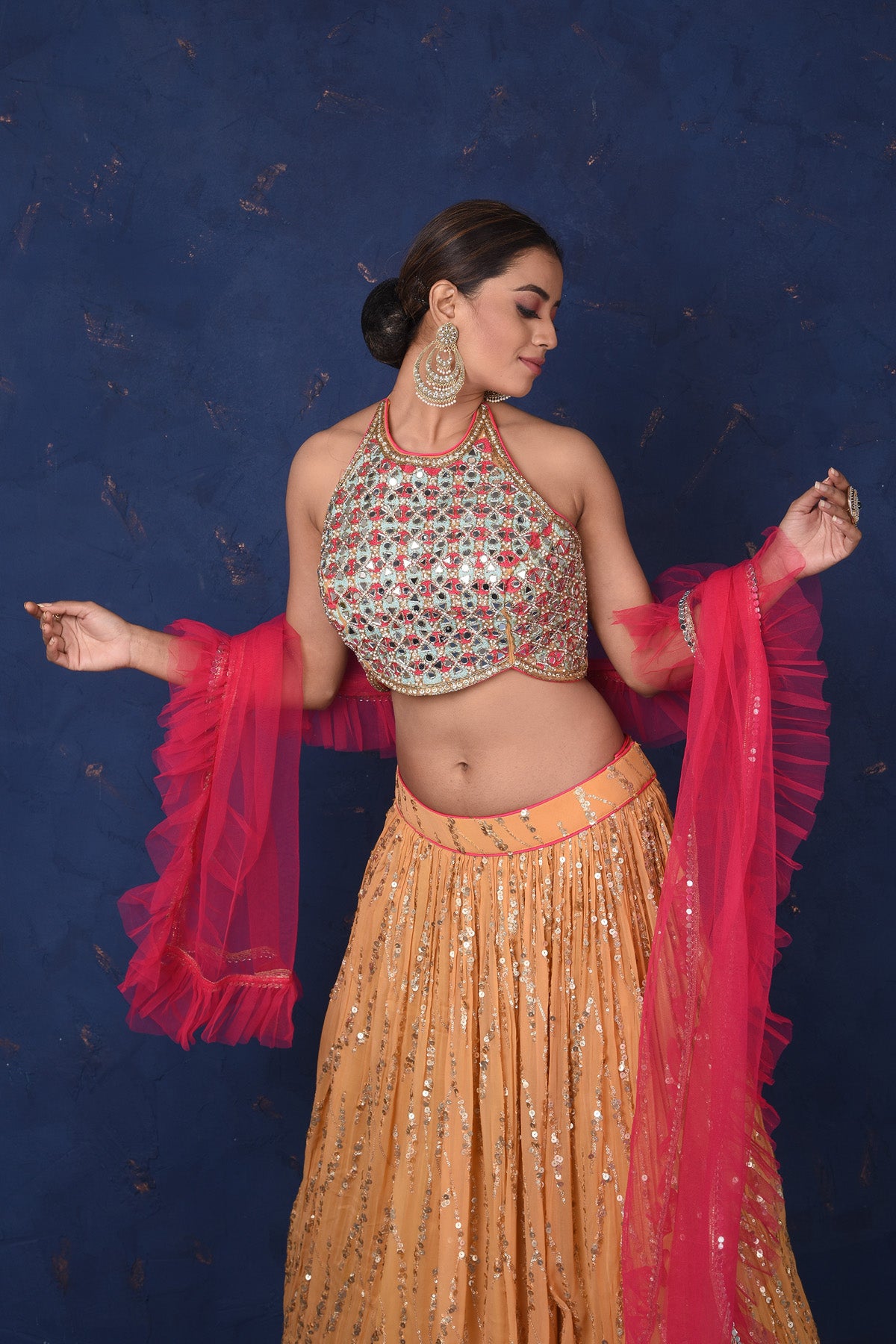 Shop beautiful mustard and golden embroidered contemporary lehenga online in USA. Set fashion goals on special occasions in exclusive designer lehengas, Indian suits, Anarkali dresses, designer gowns, bridal lehengas from Pure Elegance Indian fashion store in USA.-closeup