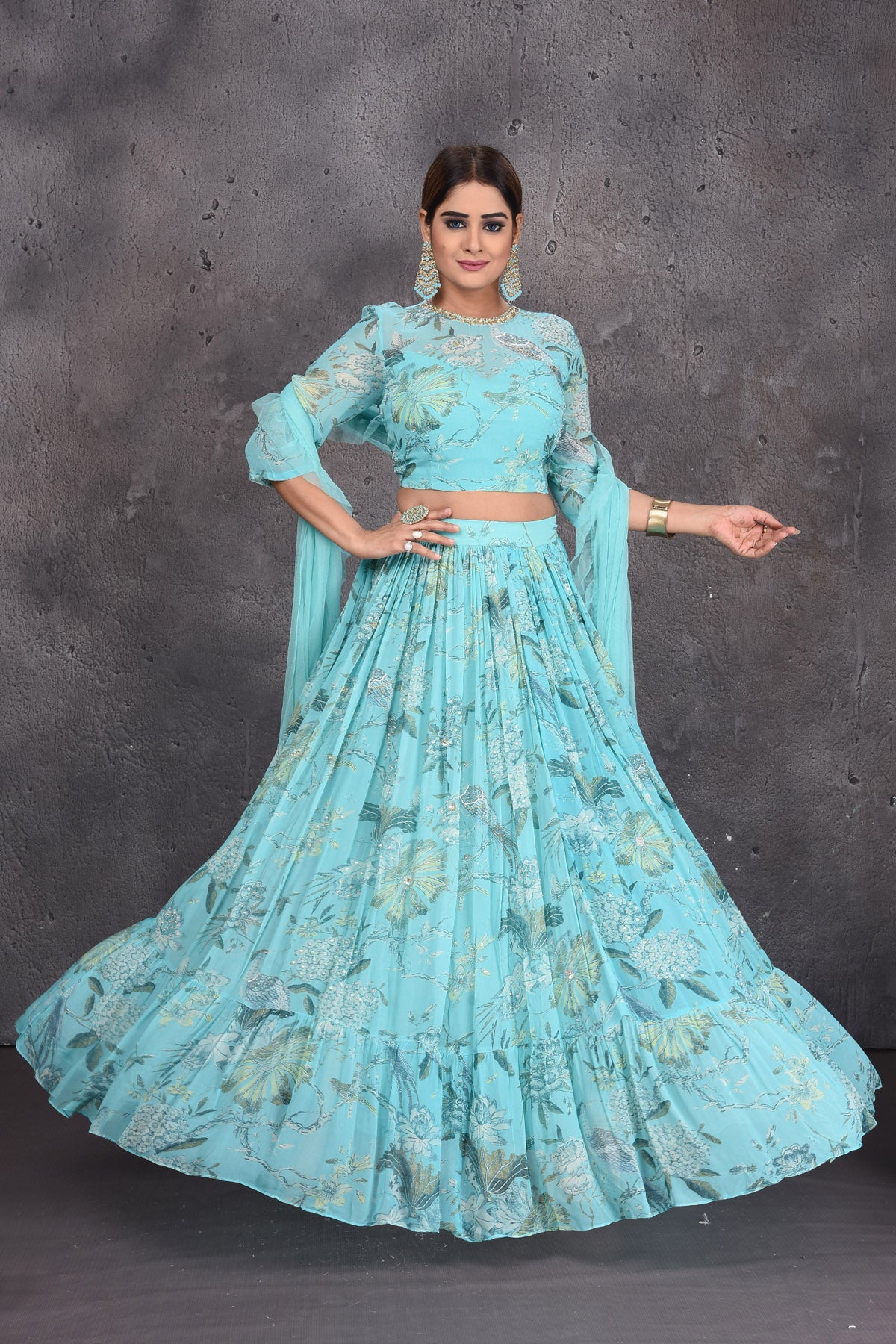 Buy beautiful light blue floral print lehenga online in USA with dupatta. Look royal at weddings in this bespoke designer lehengas, wedding gowns, bridal lehengas, designer sarees, Anarkali suits, sharara suits, from Pure Elegance Indian fashion store in USA.-full view