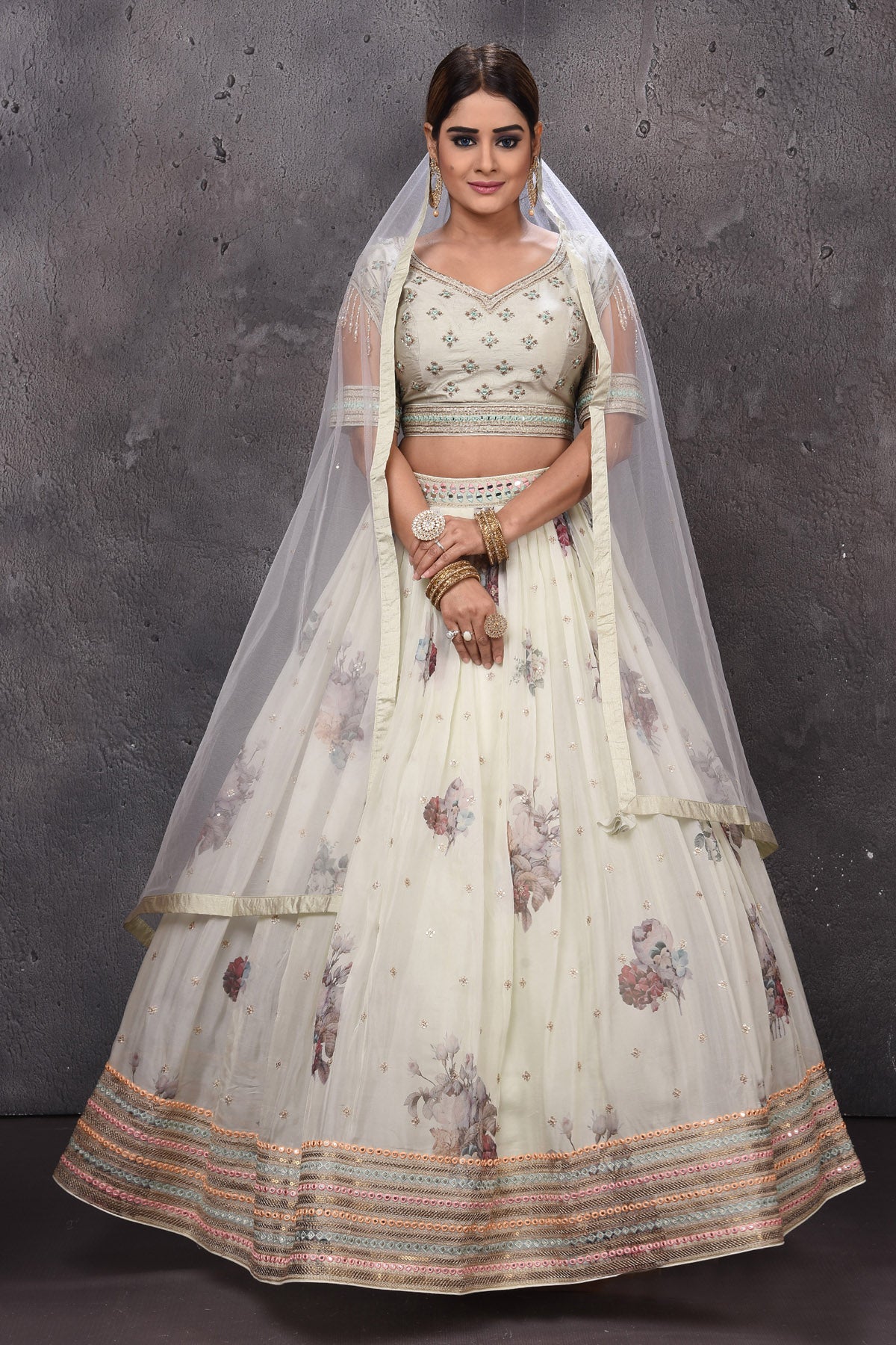 Buy stunning off-white embroidered Anarkali suit online in USA with dupatta. Look royal at weddings in this bespoke designer lehengas, wedding gowns, bridal lehengas, designer sarees, Anarkali suits, sharara suits, from Pure Elegance Indian fashion store in USA.-full view