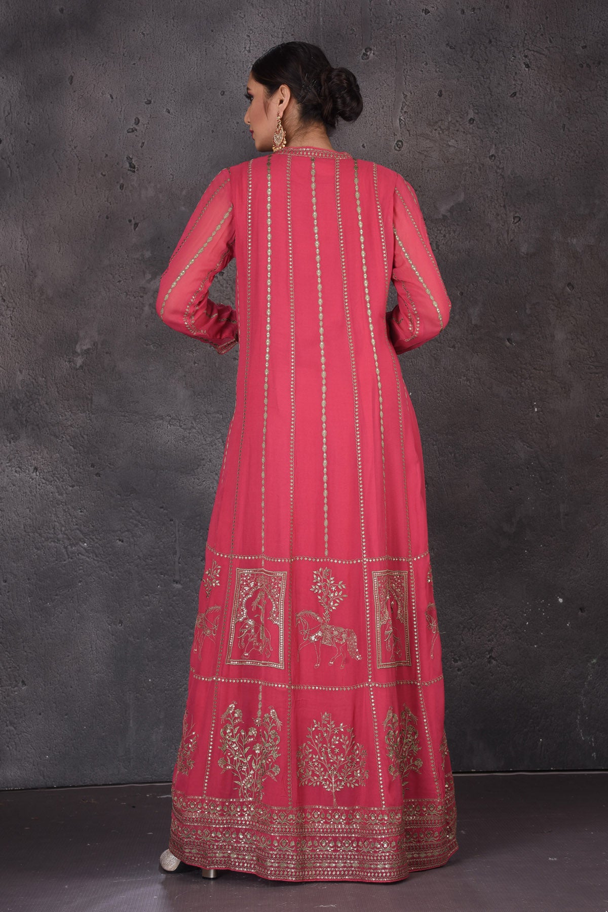 Shop beautiful pink embroidered floorlength Anarkali online in USA with dupatt.a Look elegant at weddings and festive occasions in exclusive designer suits, designer gowns, Anarkali suits, sharara suits, bridal gowns, palazzo suits from Pure Elegance Indian clothing store in USA.-back