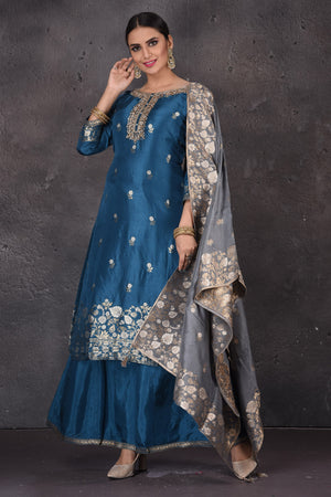 Buy stunning blue embroidered palazzo suit online in USA with grey dupatta. Look elegant at weddings and festive occasions in exclusive designer suits, designer gowns, Anarkali suits, sharara suits, bridal gowns, palazzo suits, designer lehenga from Pure Elegance Indian clothing store in USA.-dupatta