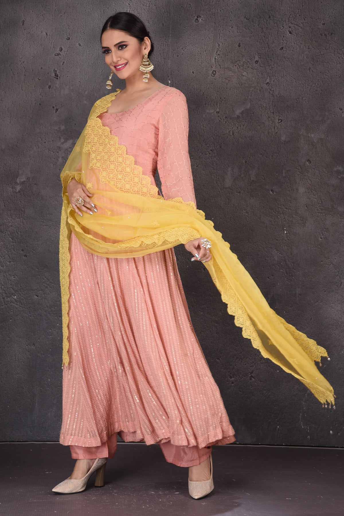 Shop stunning light pink Anarkali suit online in USA with palazzo and yellow dupatta. Look elegant at weddings and festive occasions in exclusive designer suits, designer gowns, Anarkali suits, sharara suits, bridal gowns, palazzo suits, designer lehenga from Pure Elegance Indian clothing store in USA.-dupatta