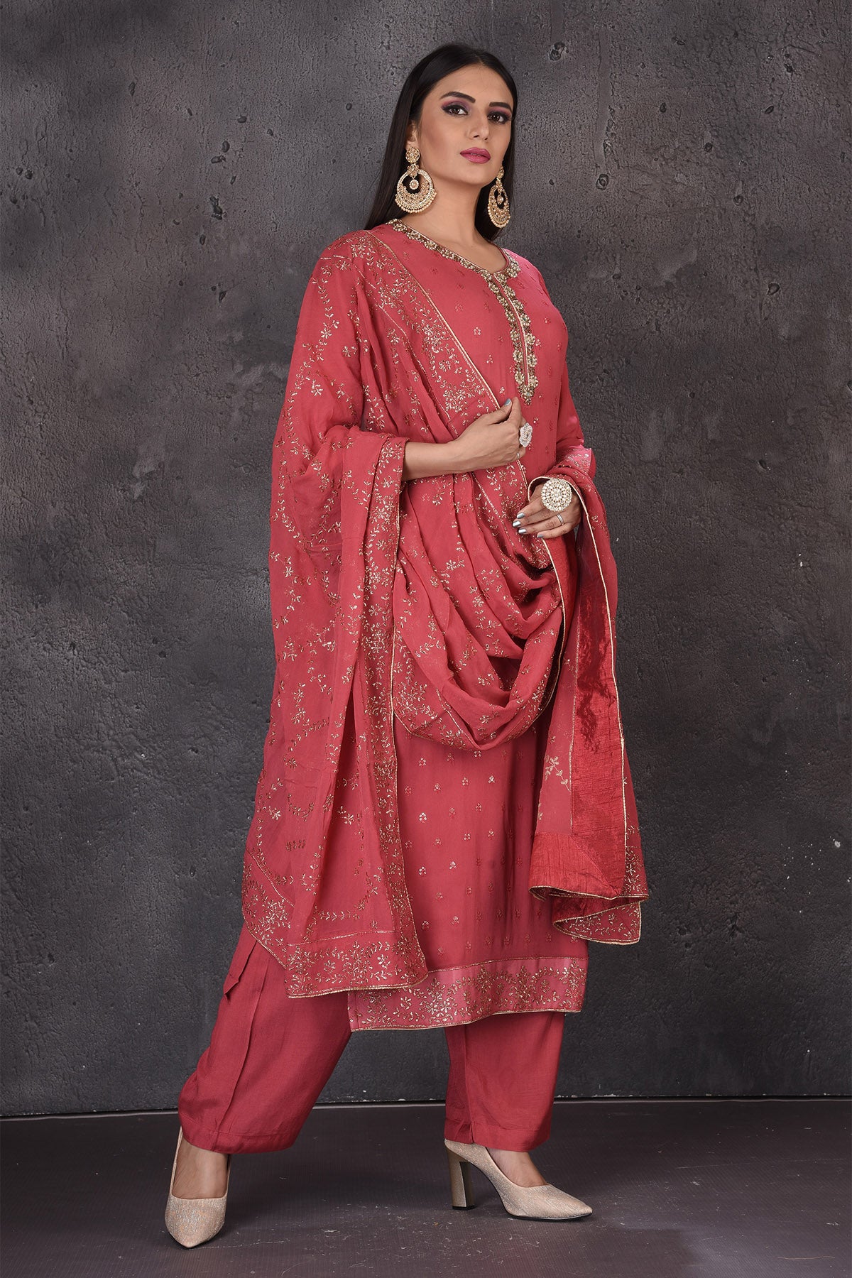 502870 Rouge Pink Embroidered Palazzo Suit with Dupatta