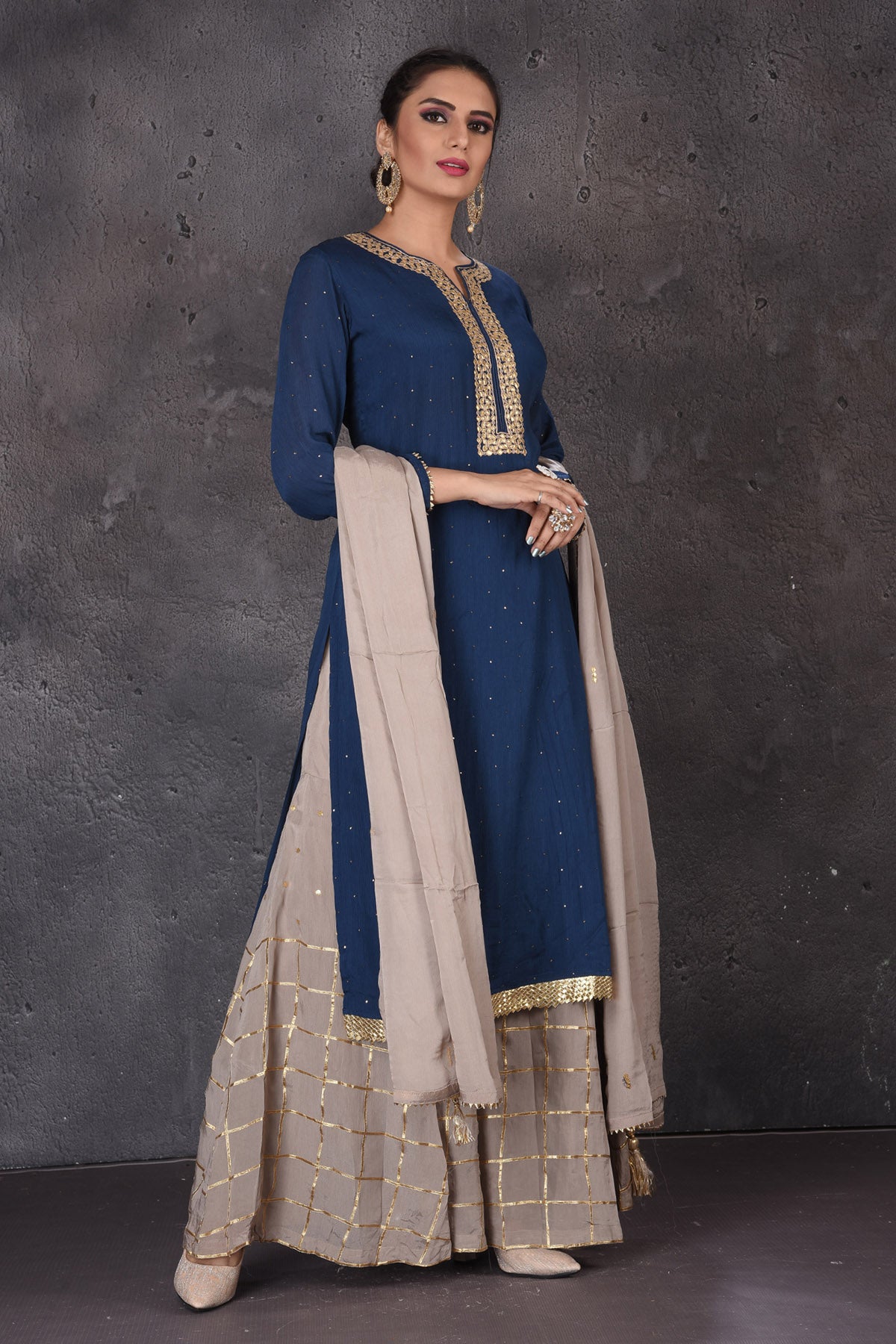 Buy beautiful blue and grey embroidered palazzo suit online in USA with dupatta. Look elegant at weddings and festive occasions in exclusive designer suits, designer gowns, Anarkali suits, sharara suits, bridal gowns, palazzo suits, designer lehenga from Pure Elegance Indian clothing store in USA.-dupatta