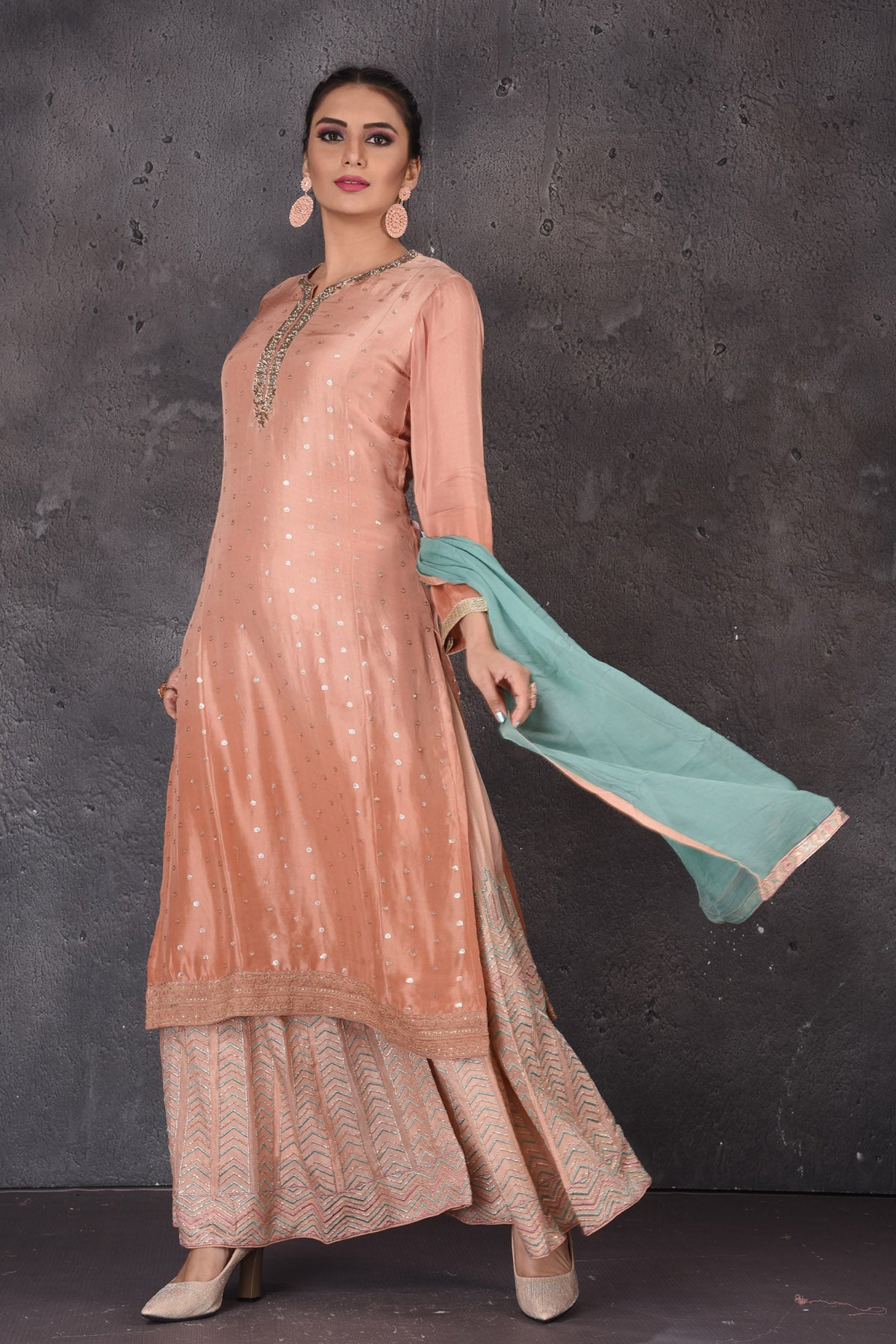 Buy stunning peach embroidered palazzo suit online in USA with blue dupatta. Look elegant at weddings and festive occasions in exclusive designer suits, designer gowns, Anarkali suits, sharara suits, bridal gowns, palazzo suits, designer lehenga from Pure Elegance Indian clothing store in USA.-dupatta