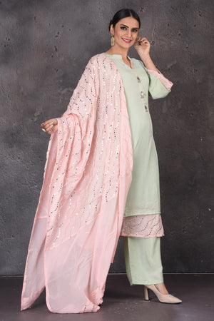 Buy beautiful mint green embroidered palazzo suit online in USA with pastel pink dupatta. Look elegant at weddings and festive occasions in exclusive designer suits, designer gowns, Anarkali suits, sharara suits, bridal gowns, palazzo suits, designer lehenga from Pure Elegance Indian clothing store in USA.-dupatta