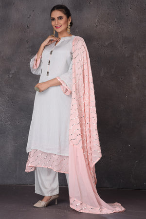 Shop beautiful powder blue embroidered palazzo suit online in USA with pink dupatta. Look elegant at weddings and festive occasions in exclusive designer suits, designer gowns, Anarkali suits, sharara suits, bridal gowns, palazzo suits, designer lehenga from Pure Elegance Indian clothing store in USA.-dupatta