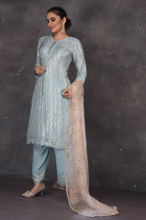 Buy stunning light blue embroidered palazzo suit online in USA with pink dupatta. Look elegant at weddings and festive occasions in exclusive designer suits, designer gowns, Anarkali suits, sharara suits, bridal gowns, palazzo suits, designer lehenga from Pure Elegance Indian clothing store in USA.-dupatta