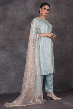 Buy stunning light blue embroidered palazzo suit online in USA with pink dupatta. Look elegant at weddings and festive occasions in exclusive designer suits, designer gowns, Anarkali suits, sharara suits, bridal gowns, palazzo suits, designer lehenga from Pure Elegance Indian clothing store in USA.-side