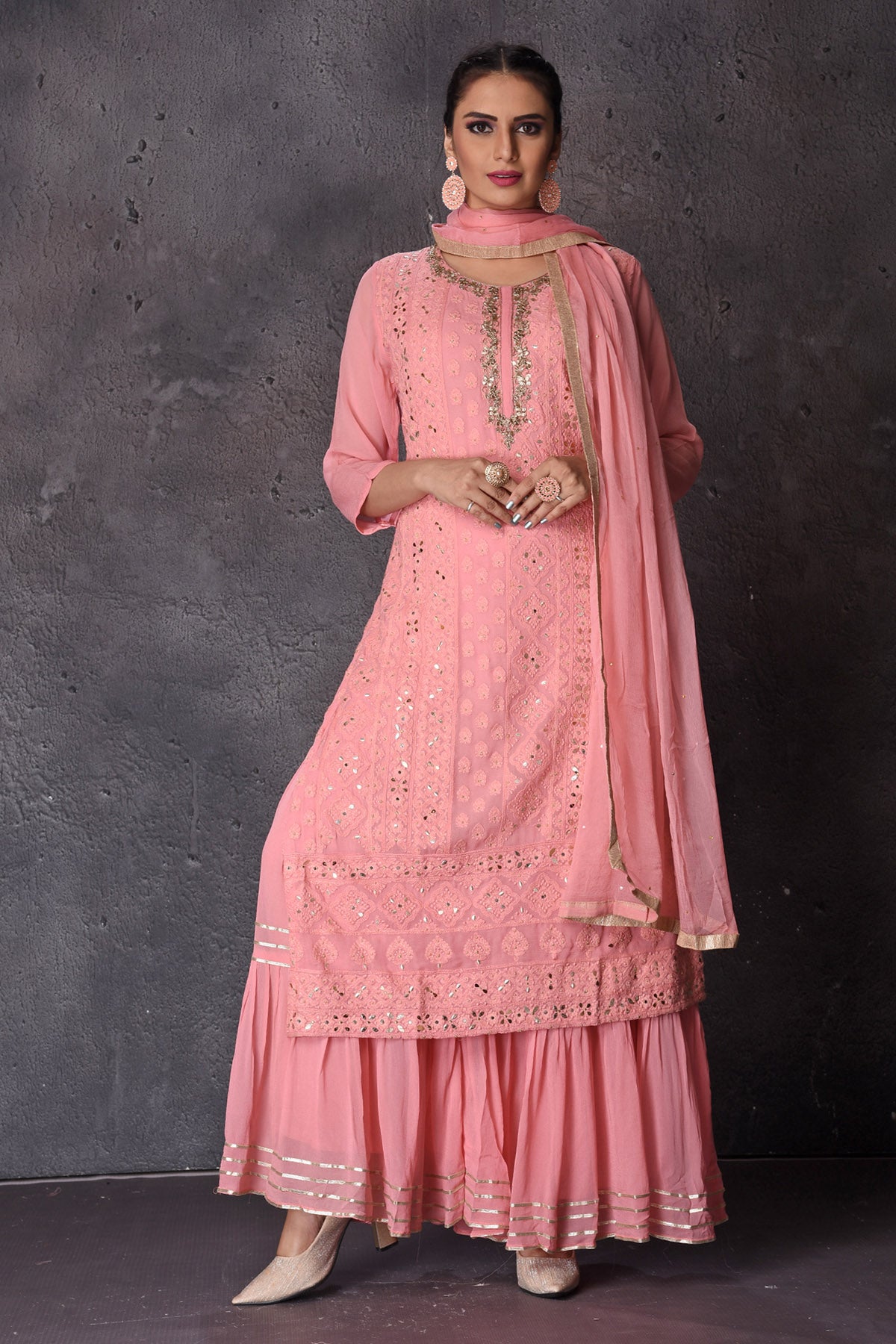 Buy beautiful pink gota embroidery palazzo suit online in USA with dupatta. Look elegant at weddings and festive occasions in exclusive designer suits, designer gowns, Anarkali suits, sharara suits, wedding gowns, palazzo suits, designer lehenga from Pure Elegance Indian clothing store in USA.-full view