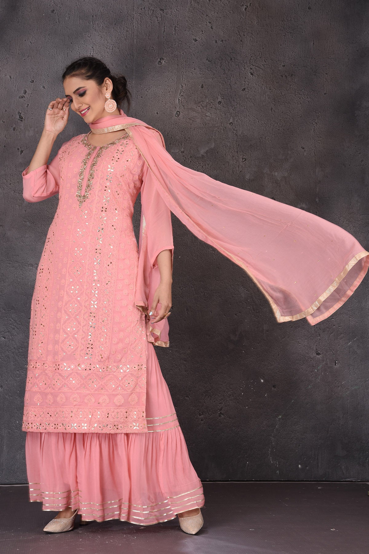 Buy beautiful pink gota embroidery palazzo suit online in USA with dupatta. Look elegant at weddings and festive occasions in exclusive designer suits, designer gowns, Anarkali suits, sharara suits, wedding gowns, palazzo suits, designer lehenga from Pure Elegance Indian clothing store in USA.-dupatta