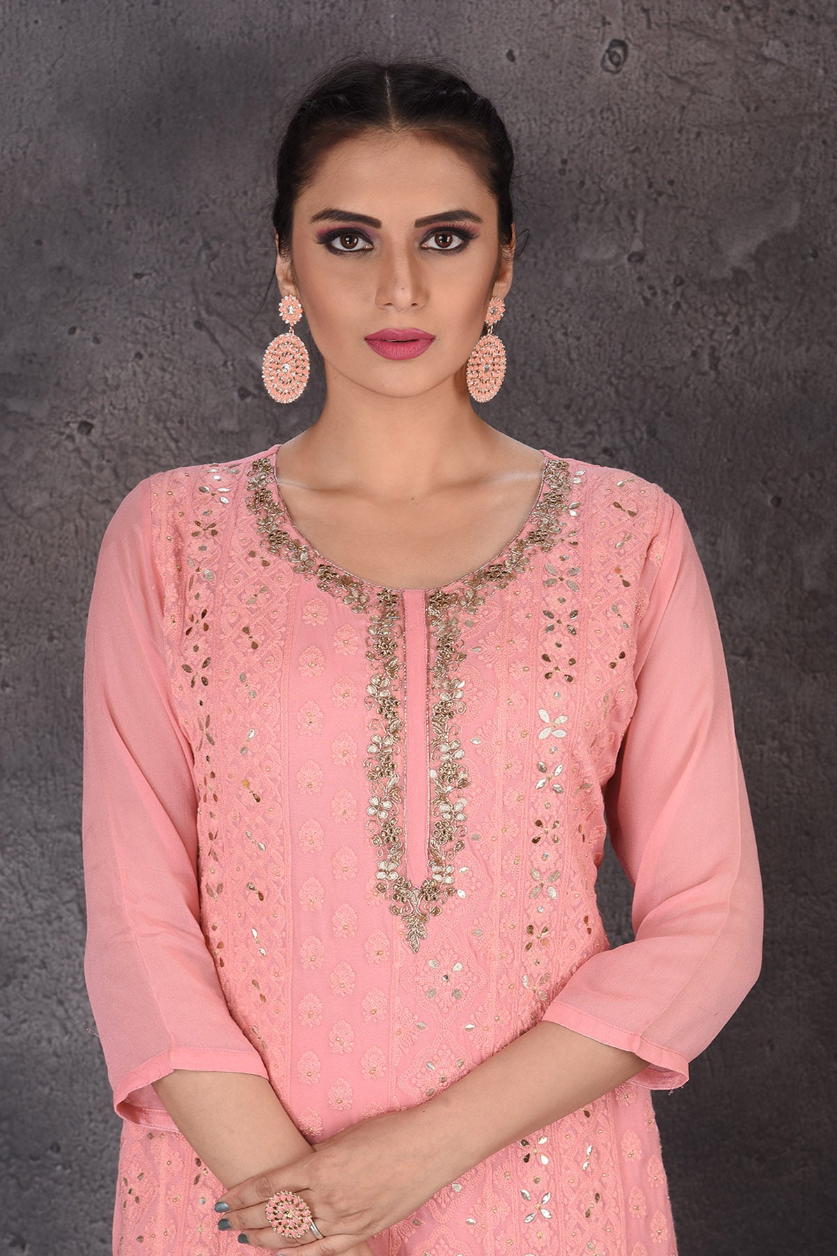 Buy beautiful pink gota embroidery palazzo suit online in USA with dupatta. Look elegant at weddings and festive occasions in exclusive designer suits, designer gowns, Anarkali suits, sharara suits, wedding gowns, palazzo suits, designer lehenga from Pure Elegance Indian clothing store in USA.-closeup