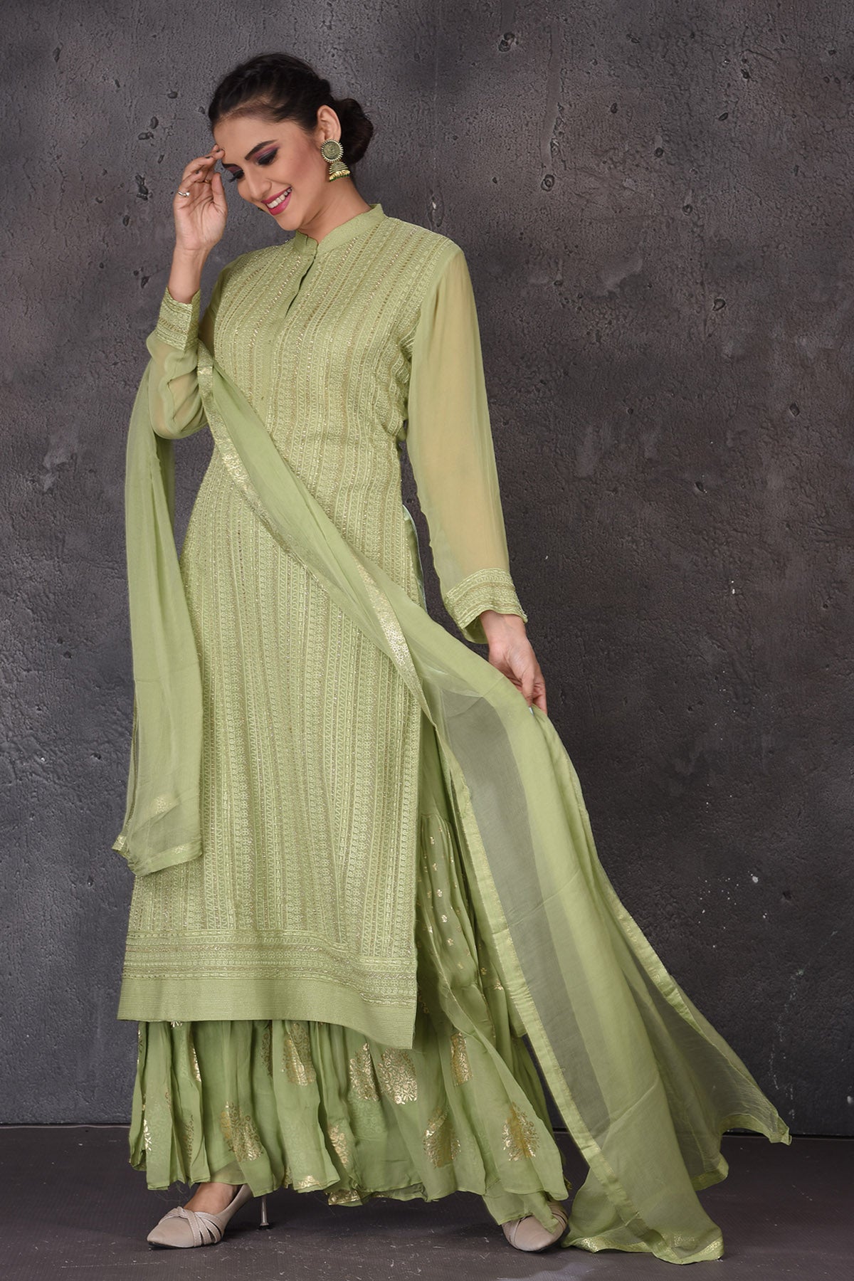 Shop gorgeous pista green and yellow designer lehenga online in USA with dupatta. Look elegant at weddings and festive occasions in exclusive designer suits, designer gowns, Anarkali suits, sharara suits, wedding gowns, palazzo suits, designer lehenga from Pure Elegance Indian clothing store in USA.-dupatta