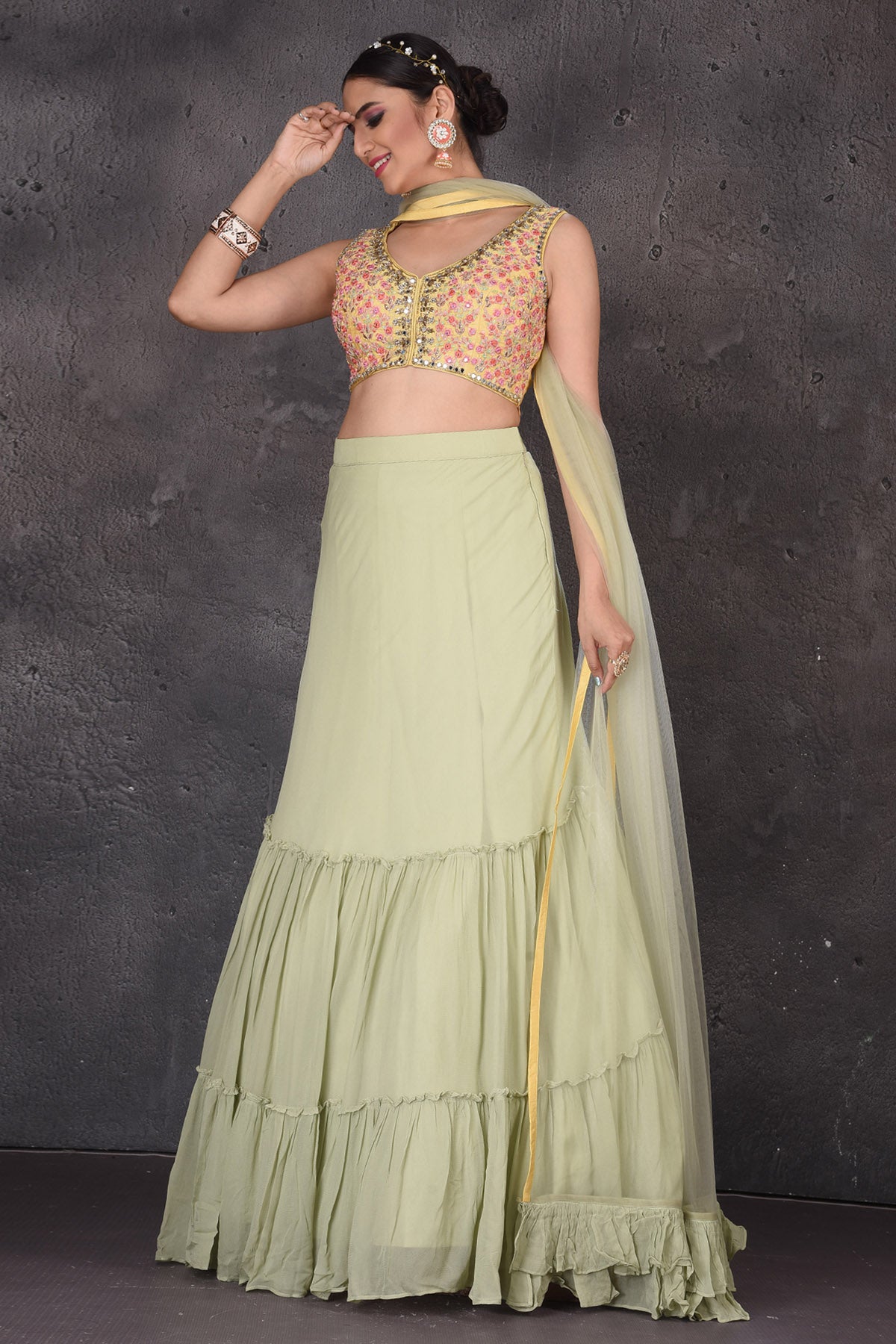 Buy beautiful pista green and yellow designer lehenga online in USA with dupatta. Look elegant at weddings and festive occasions in exclusive designer suits, designer gowns, Anarkali suits, sharara suits, wedding gowns, palazzo suits, designer lehenga from Pure Elegance Indian clothing store in USA.-dupatta