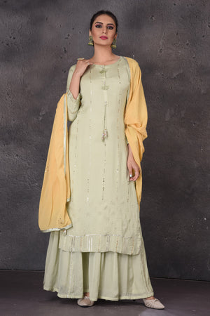 Shop beautiful pista green embellished palazzo suit online in USA with yellow dupatta. Look elegant at weddings and festive occasions in exclusive designer suits, designer gowns, Anarkali suits, sharara suits, wedding gowns, palazzo suits, designer lehenga from Pure Elegance Indian clothing store in USA.-dupatta