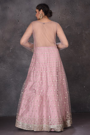 Buy stunning mauve pink embroidered Anarkali suit online in USA with dupatta. Look elegant at weddings and festive occasions in exclusive designer suits, designer gowns, Anarkali suits, sharara suits, wedding gowns, palazzo suits, designer lehenga from Pure Elegance Indian clothing store in USA.-back