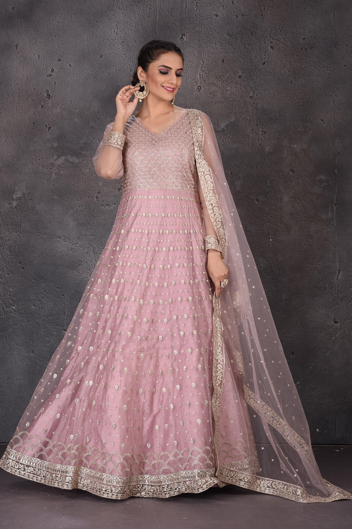Buy stunning mauve pink embroidered Anarkali suit online in USA with dupatta. Look elegant at weddings and festive occasions in exclusive designer suits, designer gowns, Anarkali suits, sharara suits, wedding gowns, palazzo suits, designer lehenga from Pure Elegance Indian clothing store in USA.-dupatta
