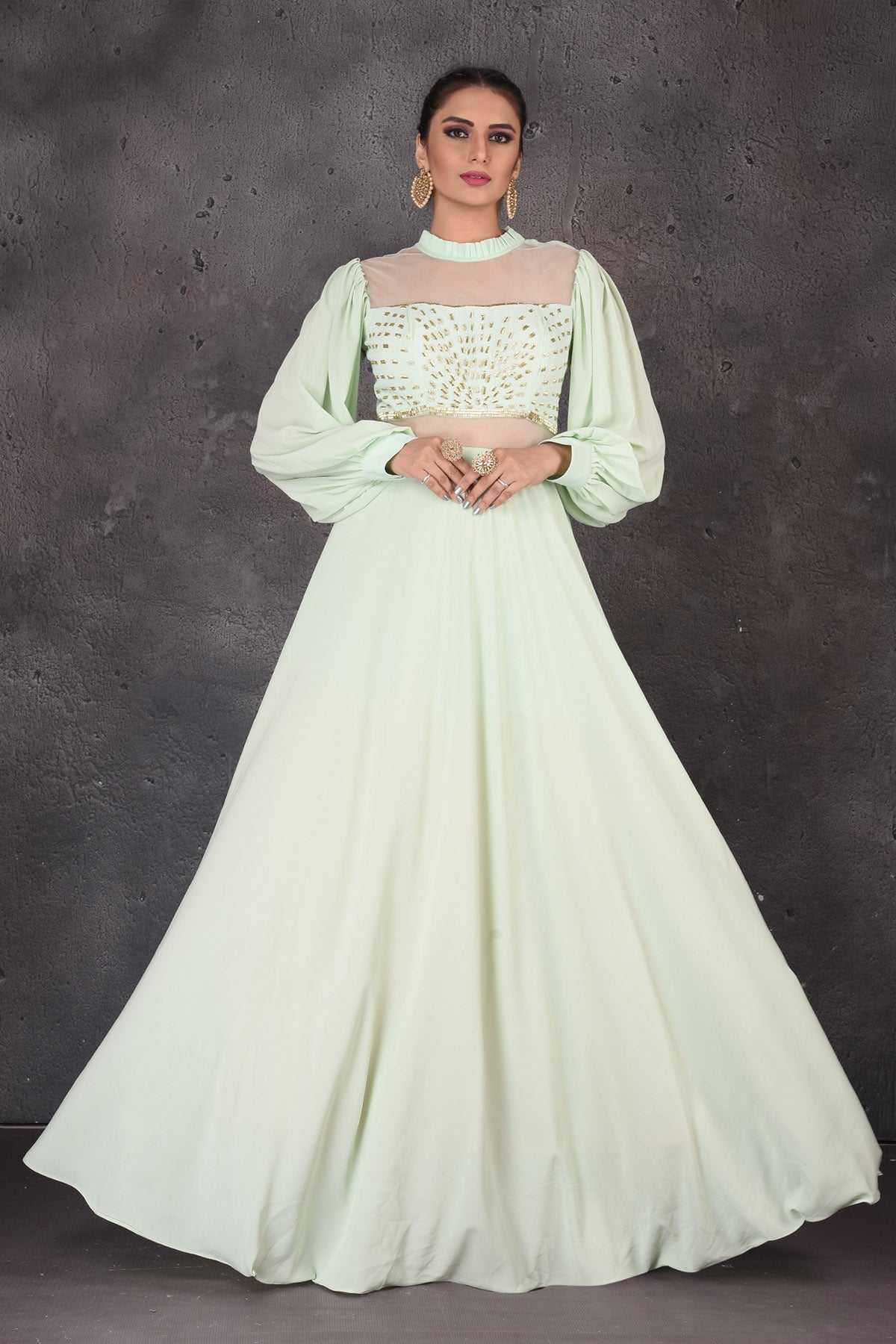 502905 Mint Green Designer Gown with Puff Sleeves 502905 Mint Green Designer Gown with Puff Sleeves