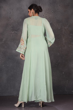 Buy sage green embroidered crop top online in USA with palazzo and shrug. Look elegant at weddings and festive occasions in exclusive designer suits, designer gowns, Anarkali suits, sharara suits, wedding gowns, palazzo suits, designer lehenga from Pure Elegance Indian clothing store in USA.-back