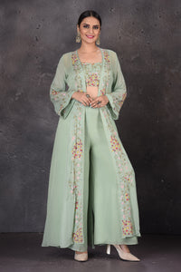 Buy sage green embroidered crop top online in USA with palazzo and shrug. Look elegant at weddings and festive occasions in exclusive designer suits, designer gowns, Anarkali suits, sharara suits, wedding gowns, palazzo suits, designer lehenga from Pure Elegance Indian clothing store in USA.-full view