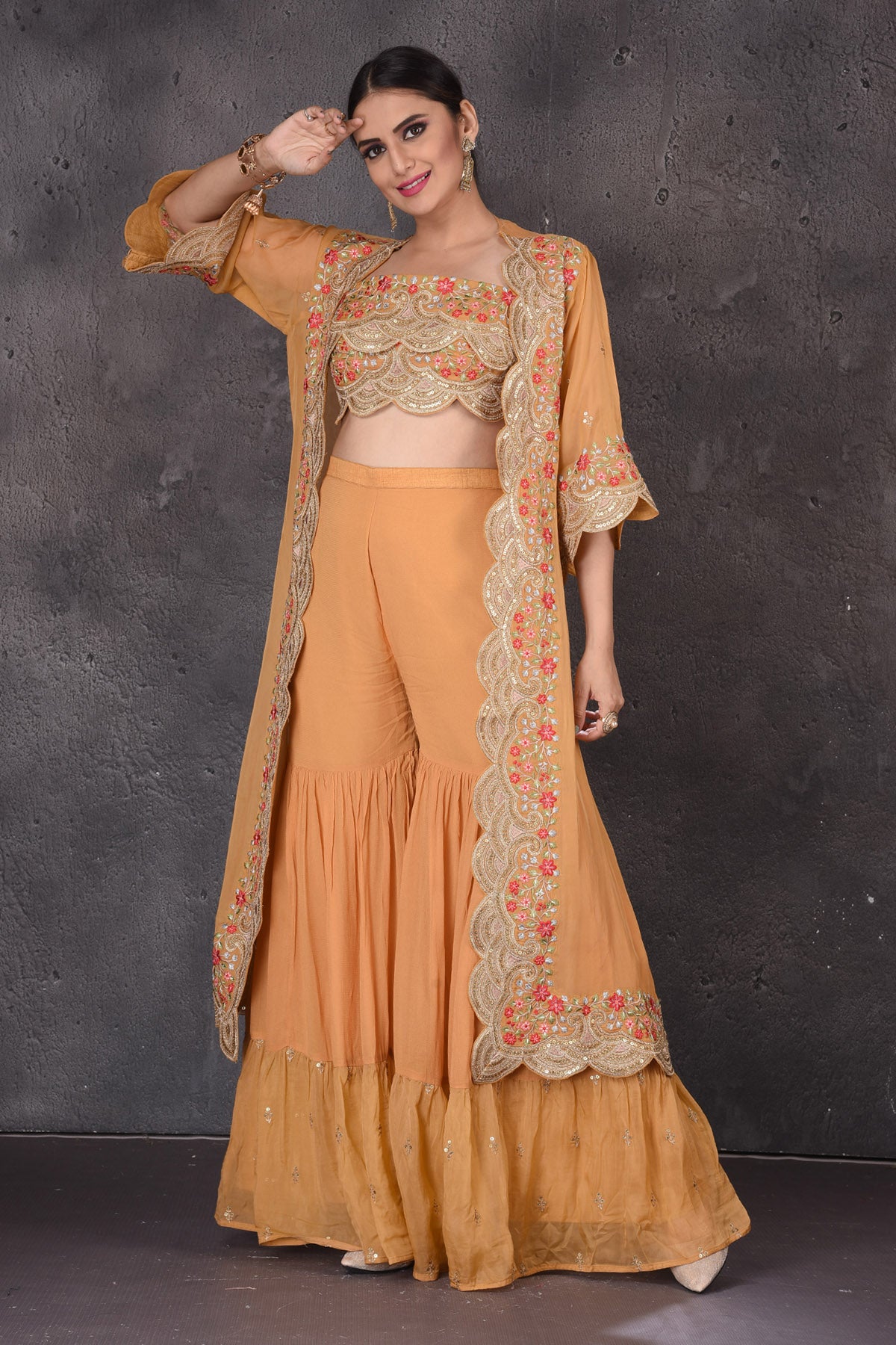 Buy stunning yellow embroidered crop top online in USA with palazzo and shrug. Look elegant at weddings and festive occasions in exclusive designer suits, designer gowns, Anarkali suits, sharara suits, wedding gowns, palazzo suits, designer lehenga from Pure Elegance Indian clothing store in USA.-full view