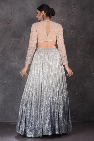 Buy stunning grey and beige sequin work designer lehenga online in USA with dupatta. Look elegant at weddings and festive occasions in exclusive designer suits, designer gowns, Anarkali suits, sharara suits, wedding gowns, palazzo suits, designer lehenga from Pure Elegance Indian clothing store in USA.-back