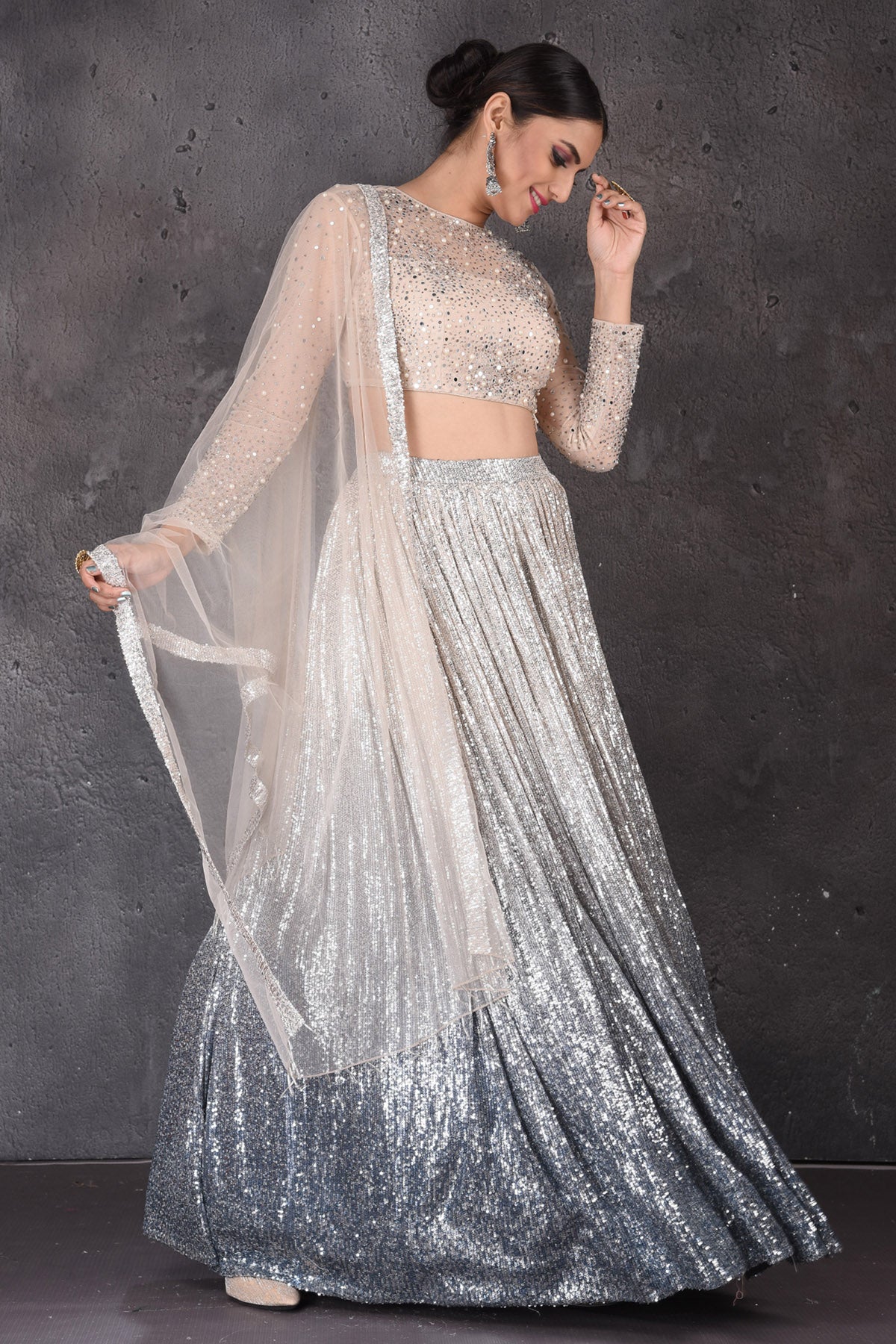 Buy stunning grey and beige sequin work designer lehenga online in USA with dupatta. Look elegant at weddings and festive occasions in exclusive designer suits, designer gowns, Anarkali suits, sharara suits, wedding gowns, palazzo suits, designer lehenga from Pure Elegance Indian clothing store in USA.-dupatta