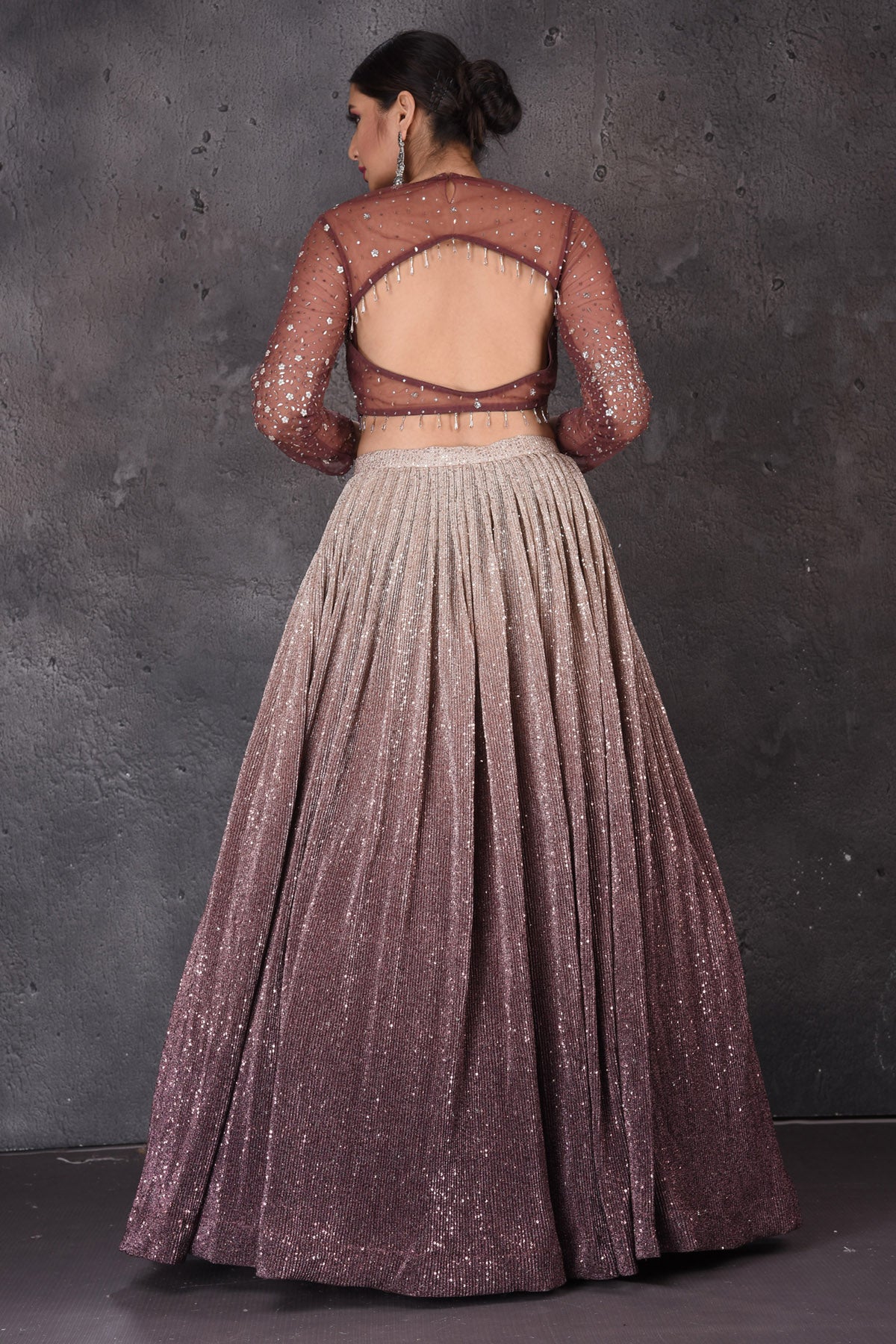 Buy beautiful ombre purple sequin work designer lehenga online in USA with dupatta. Look elegant at weddings and festive occasions in exclusive designer suits, designer gowns, Anarkali suits, sharara suits, wedding gowns, palazzo suits, designer lehenga from Pure Elegance Indian clothing store in USA.-back
