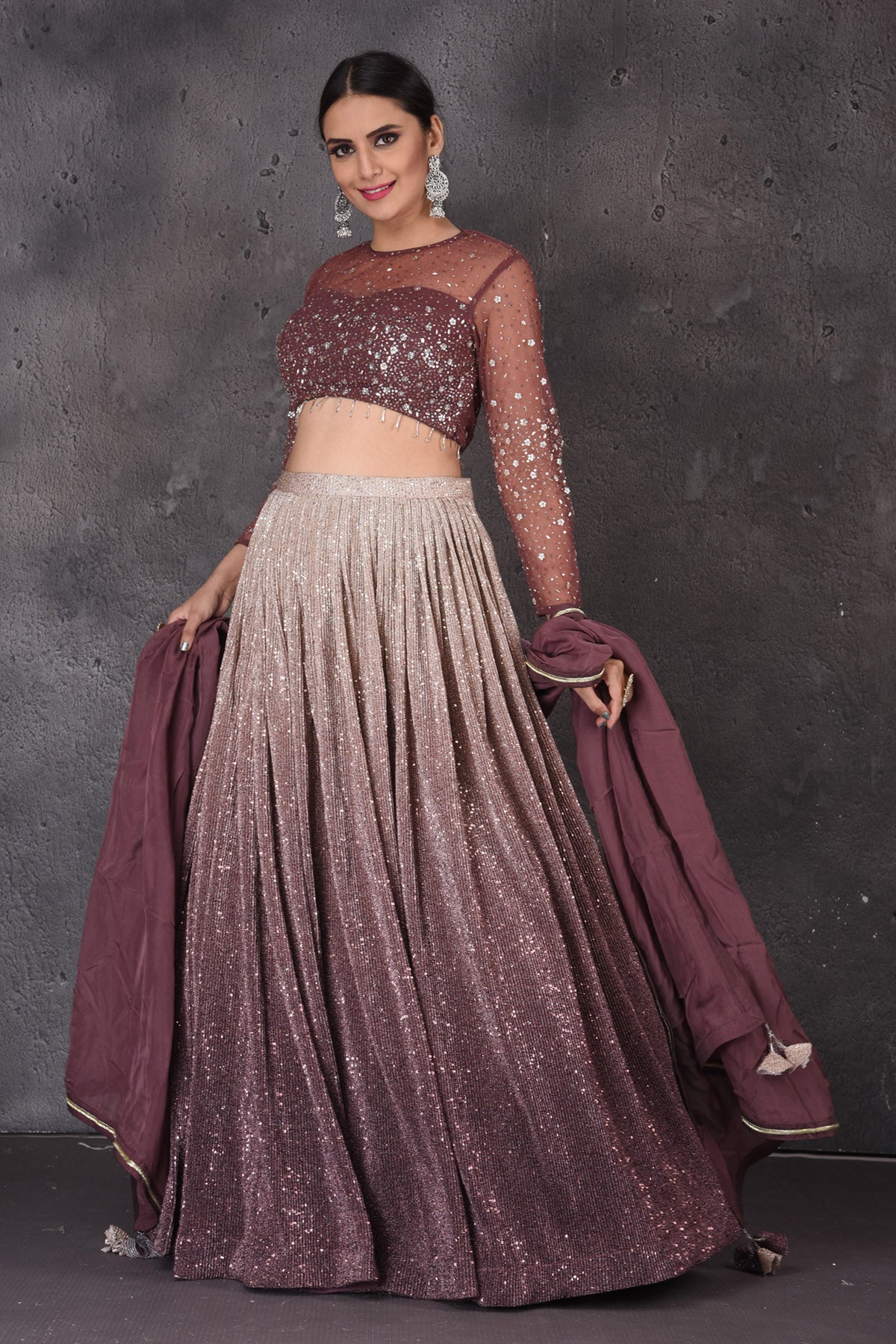 Buy beautiful ombre purple sequin work designer lehenga online in USA with dupatta. Look elegant at weddings and festive occasions in exclusive designer suits, designer gowns, Anarkali suits, sharara suits, wedding gowns, palazzo suits, designer lehenga from Pure Elegance Indian clothing store in USA.-side