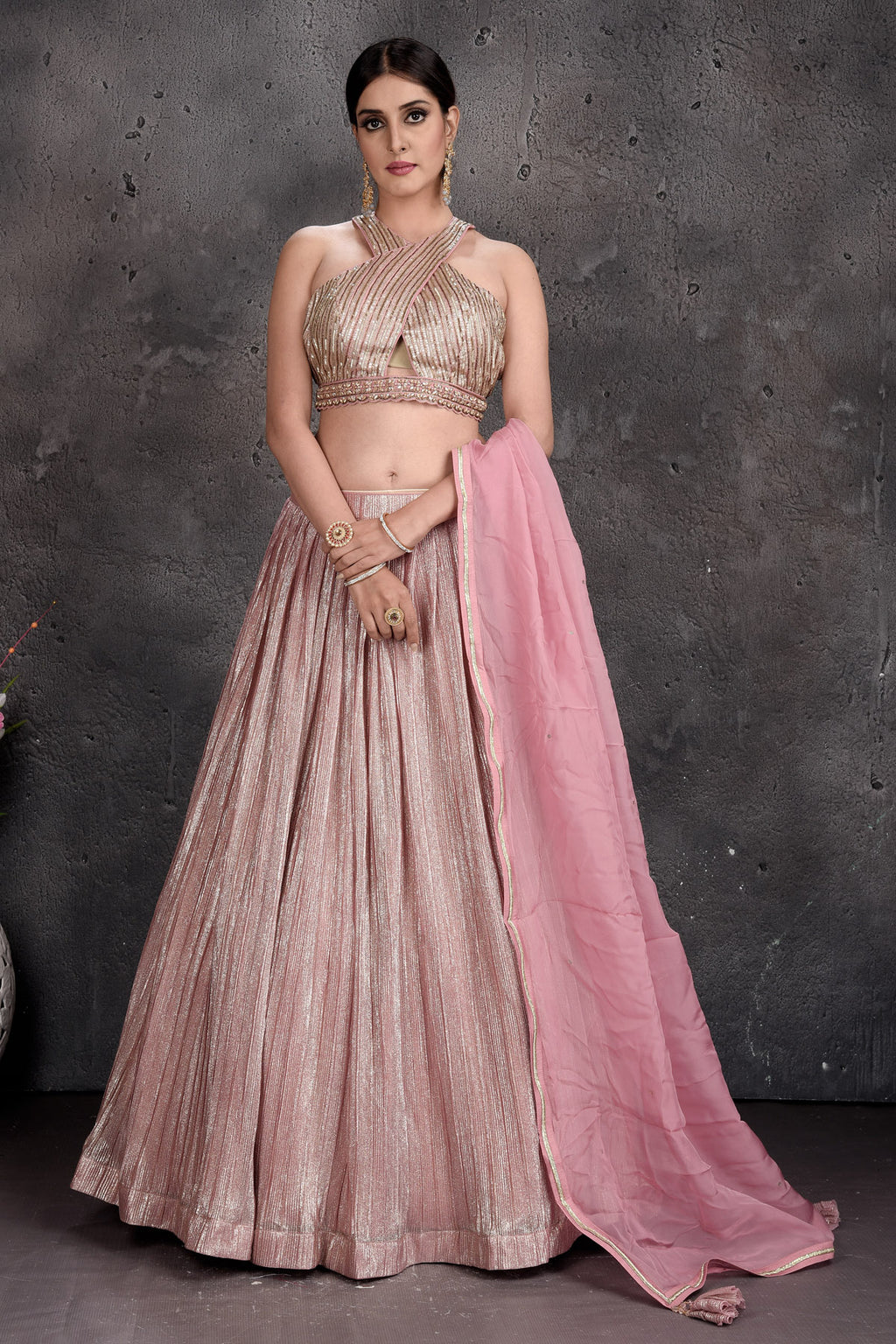 Shop stunning powder pink contemporary lehenga online in USA with dupatta. Set a fashion statement at parties in designer dresses, Anarkali suits, designer lehengas, gowns, Indowestern dresses from Pure Elegance Indian fashion store in USA.-full view