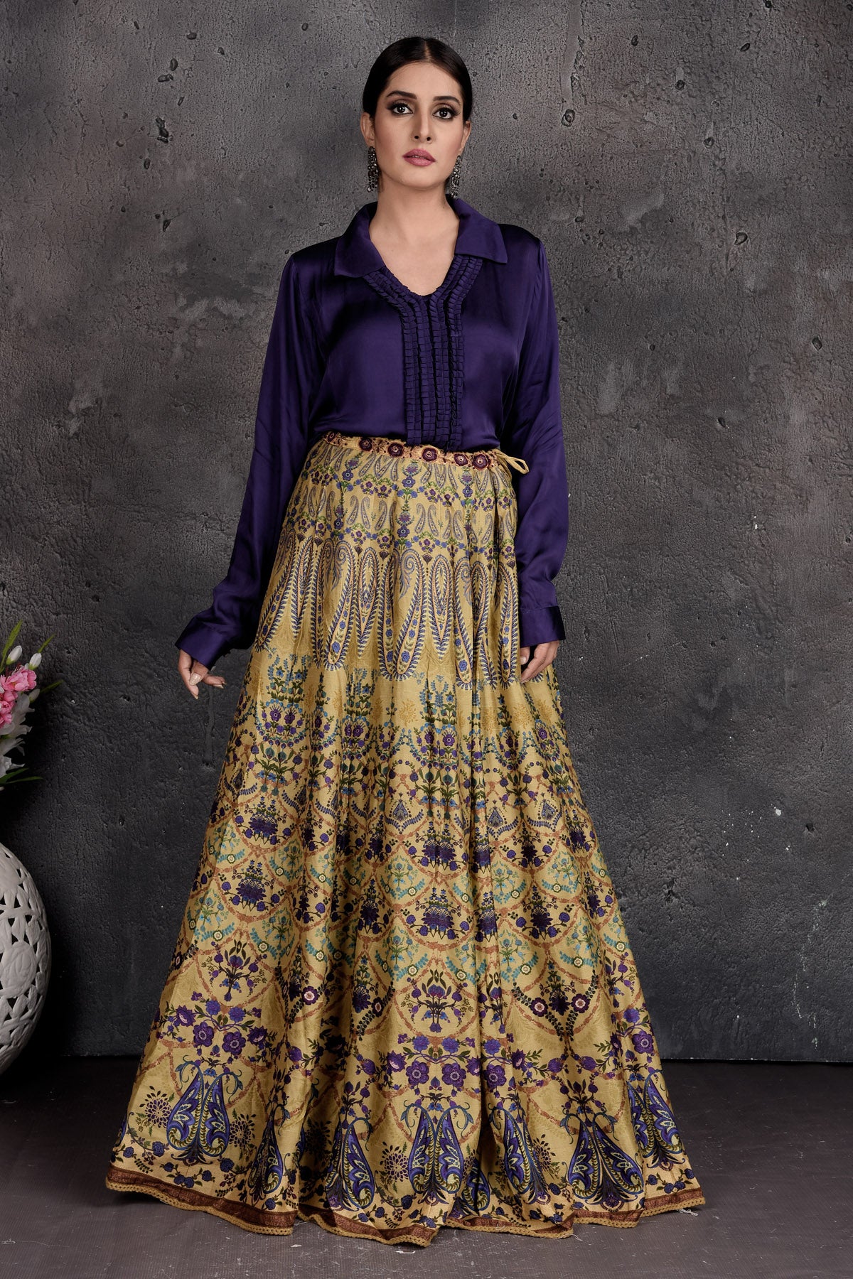Buy stunning blue and yellow printed shirt lehenga online in USA. Set a fashion statement at parties in designer dresses, Anarkali suits, designer lehengas, gowns, Indowestern dresses from Pure Elegance Indian fashion store in USA.-full view