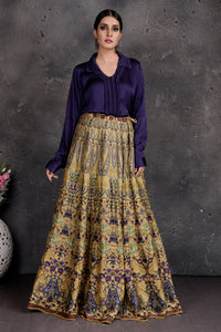 Buy stunning blue and yellow printed shirt lehenga online in USA. Set a fashion statement at parties in designer dresses, Anarkali suits, designer lehengas, gowns, Indowestern dresses from Pure Elegance Indian fashion store in USA.-full view