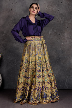 Buy stunning blue and yellow printed shirt lehenga online in USA. Set a fashion statement at parties in designer dresses, Anarkali suits, designer lehengas, gowns, Indowestern dresses from Pure Elegance Indian fashion store in USA.-side