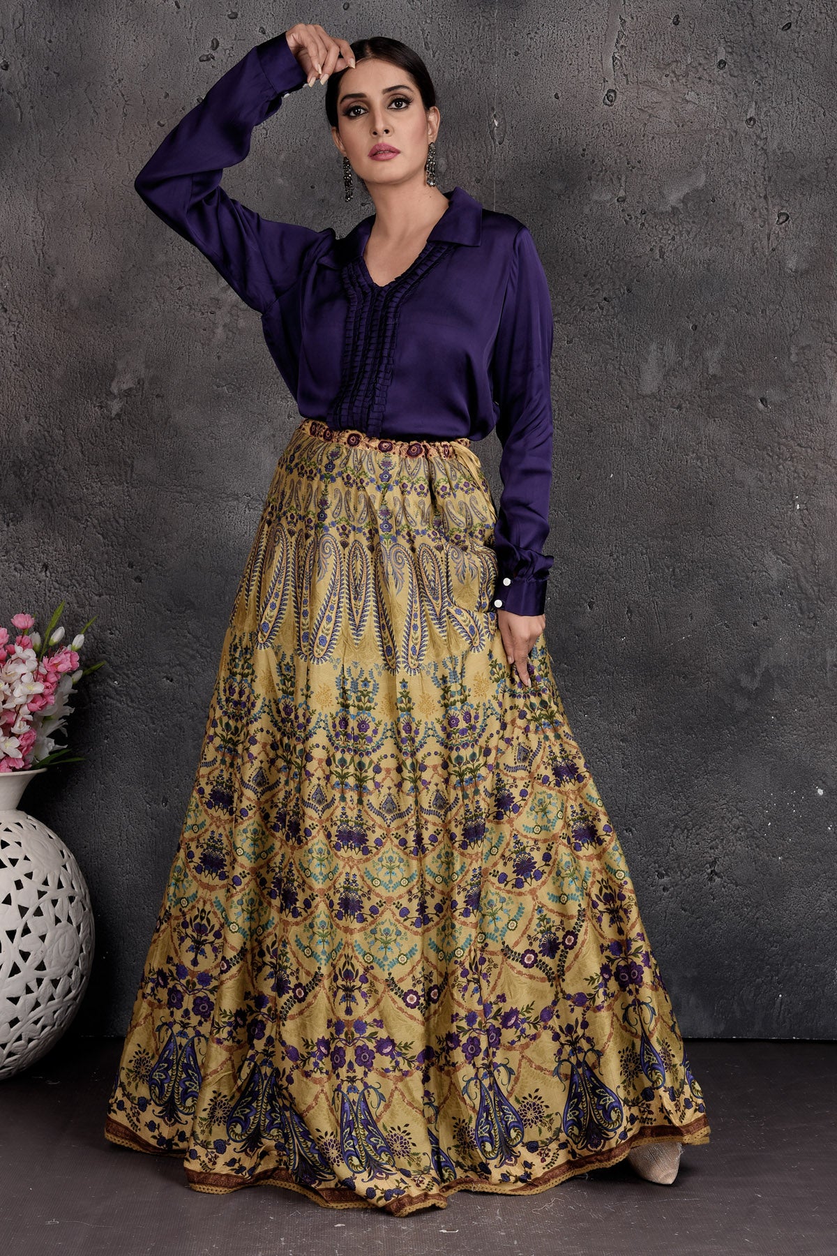 Buy stunning blue and yellow printed shirt lehenga online in USA. Set a fashion statement at parties in designer dresses, Anarkali suits, designer lehengas, gowns, Indowestern dresses from Pure Elegance Indian fashion store in USA.-front