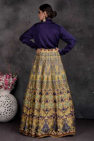 Buy stunning dark blue and yellow printed shirt lehenga online in USA. Set a fashion statement at parties in designer dresses, Anarkali suits, designer lehengas, gowns, Indowestern dresses from Pure Elegance Indian fashion store in USA.-back