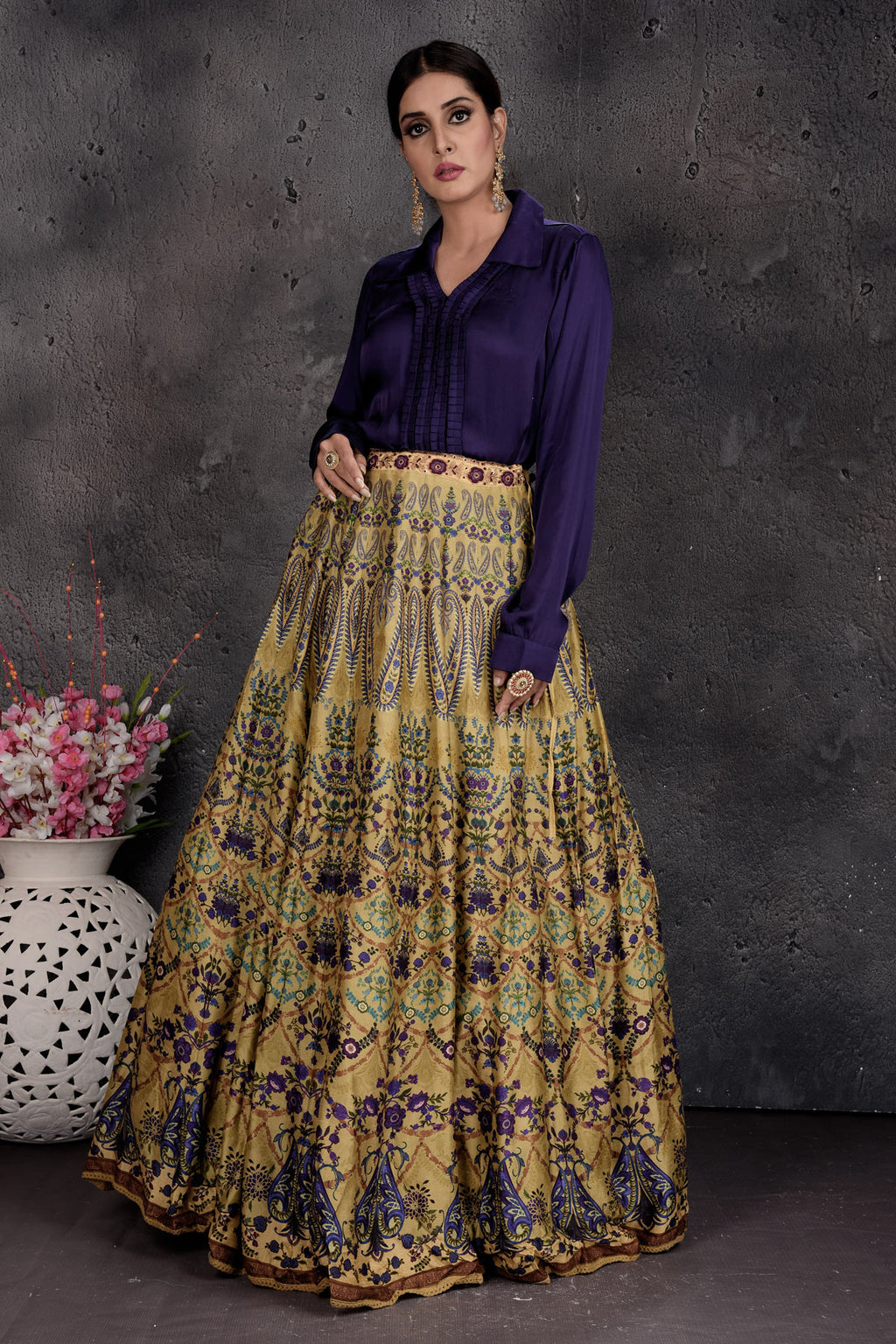 Buy stunning dark blue and yellow printed shirt lehenga online in USA. Set a fashion statement at parties in designer dresses, Anarkali suits, designer lehengas, gowns, Indowestern dresses from Pure Elegance Indian fashion store in USA.-full view