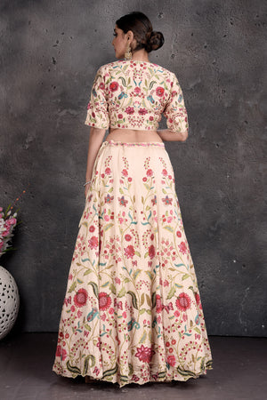 Buy stunning powder pink floral embroidery designer lehenga online in USA. Set a fashion statement at parties in designer dresses, Anarkali suits, designer lehengas, gowns, Indowestern dresses from Pure Elegance Indian fashion store in USA.-back