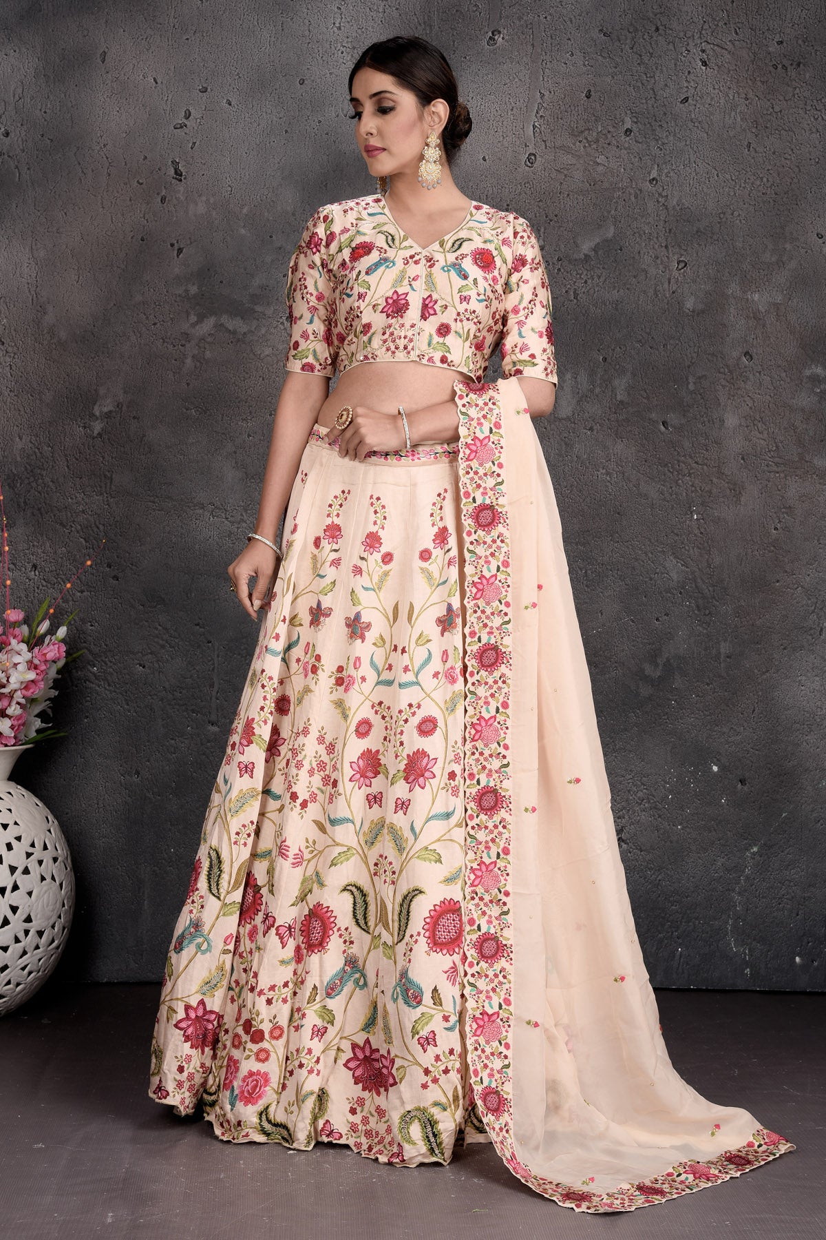 Buy stunning powder pink floral embroidery designer lehenga online in USA. Set a fashion statement at parties in designer dresses, Anarkali suits, designer lehengas, gowns, Indowestern dresses from Pure Elegance Indian fashion store in USA.-full view