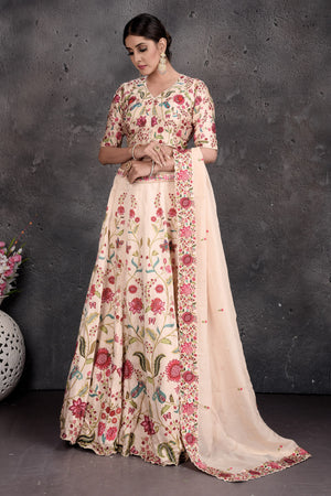 Buy stunning powder pink floral embroidery designer lehenga online in USA. Set a fashion statement at parties in designer dresses, Anarkali suits, designer lehengas, gowns, Indowestern dresses from Pure Elegance Indian fashion store in USA.-front