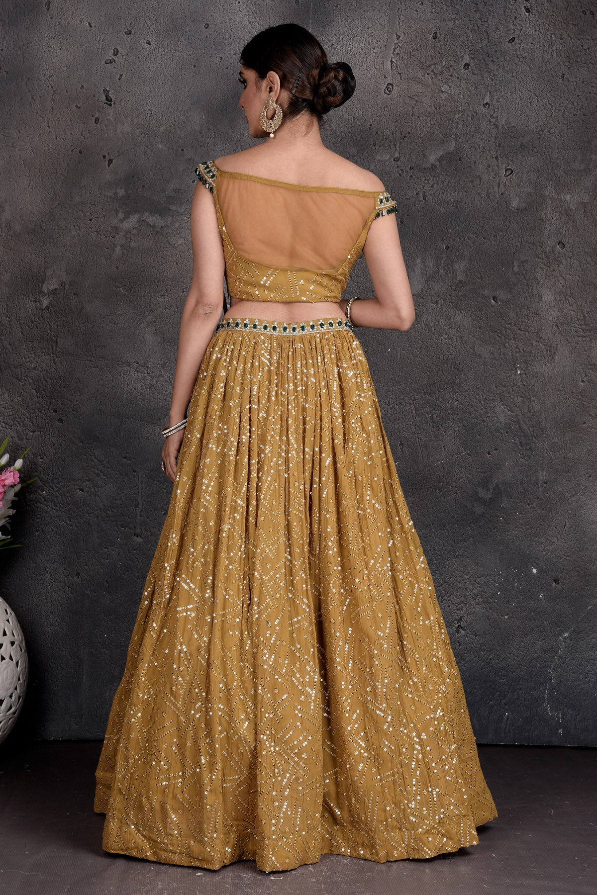 Buy stunning mustard embroidered off-shoulder lehenga online in USA. Set a fashion statement at parties in designer dresses, Anarkali suits, designer lehengas, gowns, Indowestern dresses from Pure Elegance Indian fashion store in USA.-back
