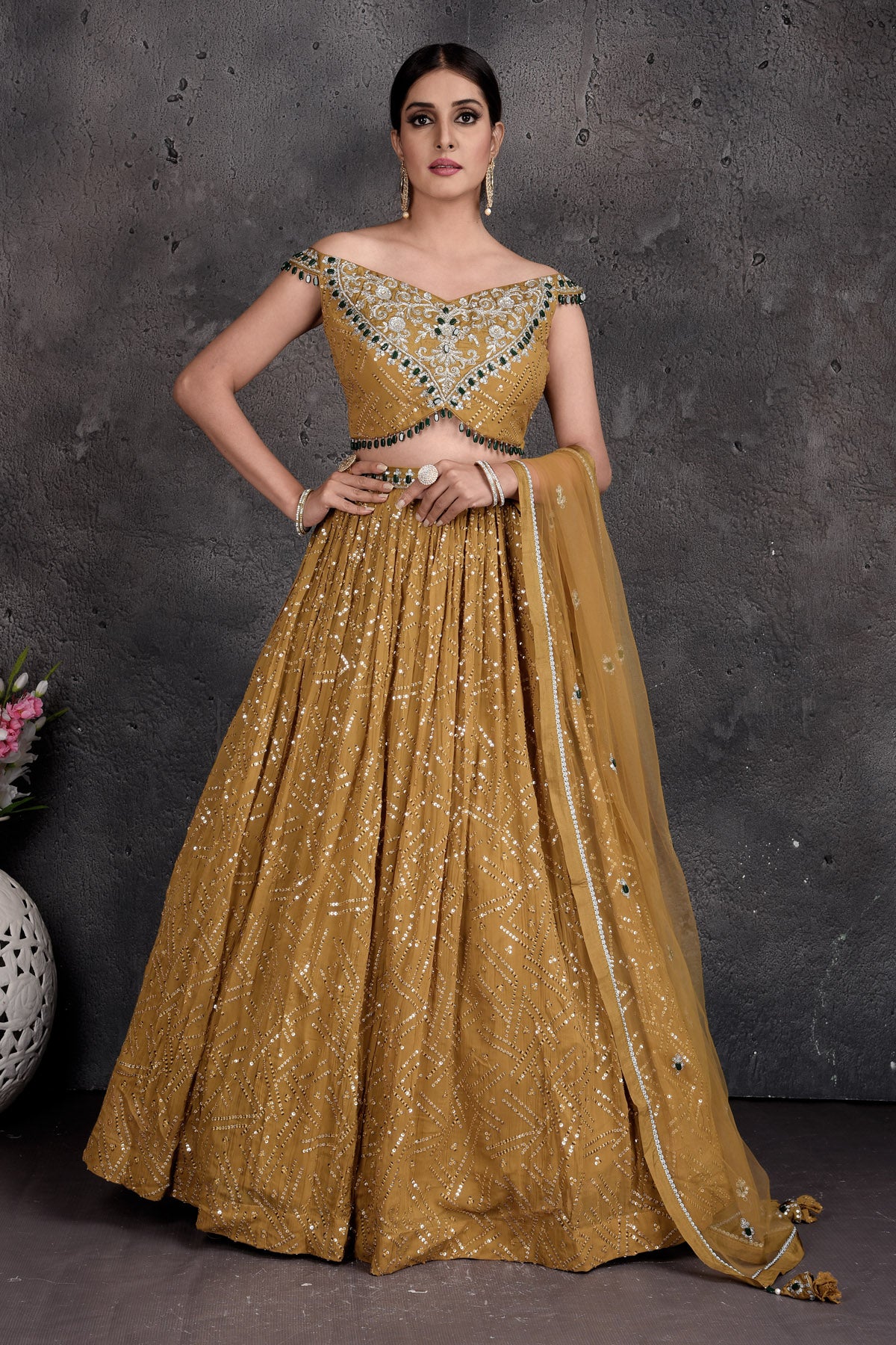 Buy stunning mustard embroidered off-shoulder lehenga online in USA. Set a fashion statement at parties in designer dresses, Anarkali suits, designer lehengas, gowns, Indowestern dresses from Pure Elegance Indian fashion store in USA.-full view