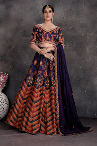 Buy stunning dark blue printed lehenga online in USA with dupatta. Set a fashion statement at parties in designer dresses, Anarkali suits, designer lehengas, gowns, Indowestern dresses from Pure Elegance Indian fashion store in USA.-full view
