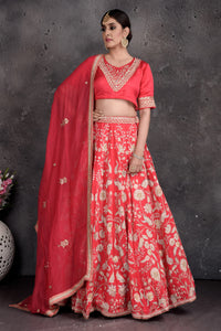 Buy beautiful red embroidered designer lehenga online in USA with dupatta. Set a fashion statement at parties in designer dresses, Anarkali suits, designer lehengas, gowns, Indowestern dresses from Pure Elegance Indian fashion store in USA.-full view