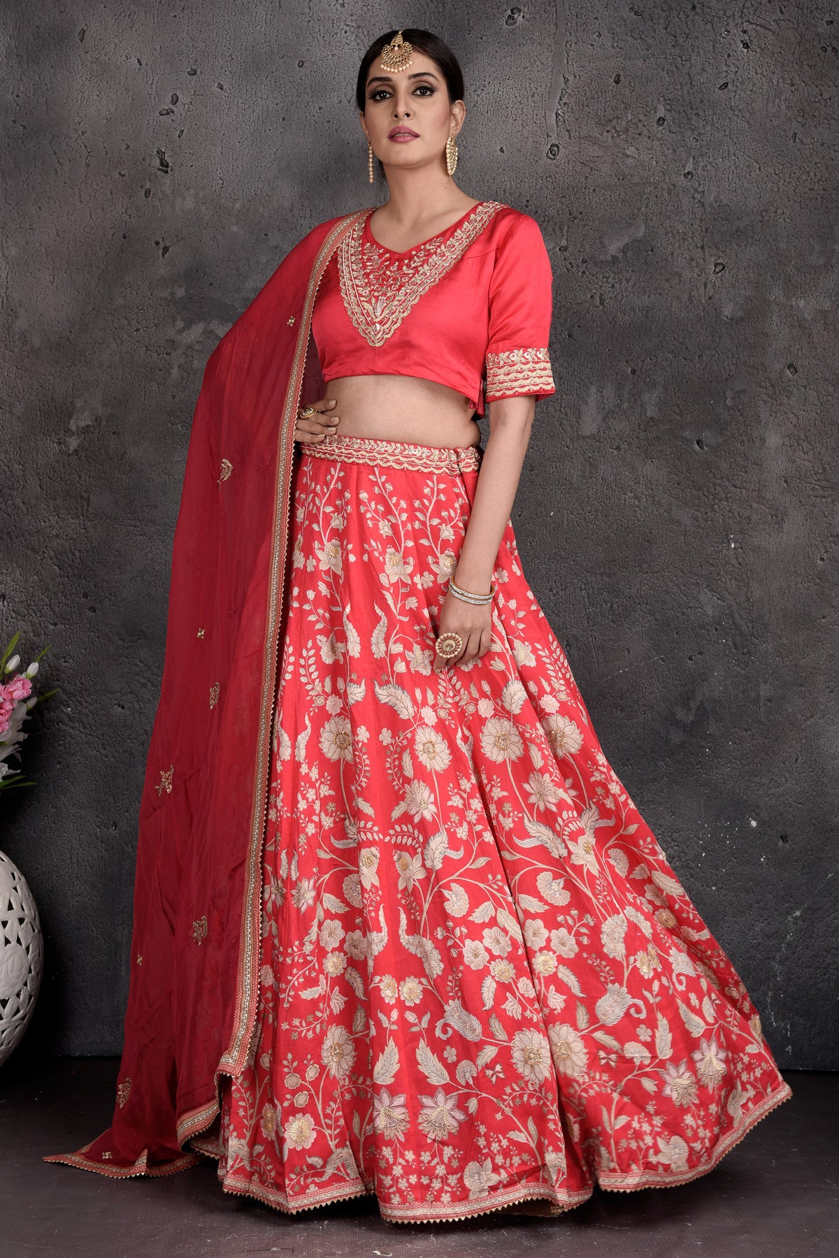 Buy beautiful red embroidered designer lehenga online in USA with dupatta. Set a fashion statement at parties in designer dresses, Anarkali suits, designer lehengas, gowns, Indowestern dresses from Pure Elegance Indian fashion store in USA.-side