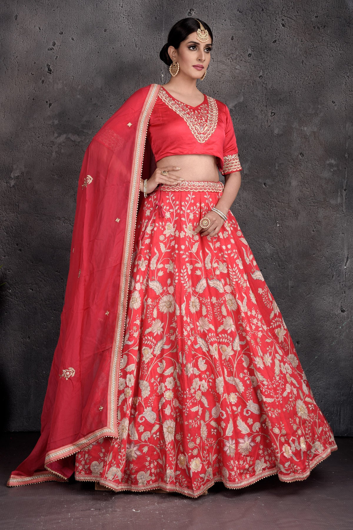 Buy beautiful red embroidered designer lehenga online in USA with dupatta. Set a fashion statement at parties in designer dresses, Anarkali suits, designer lehengas, gowns, Indowestern dresses from Pure Elegance Indian fashion store in USA.-right