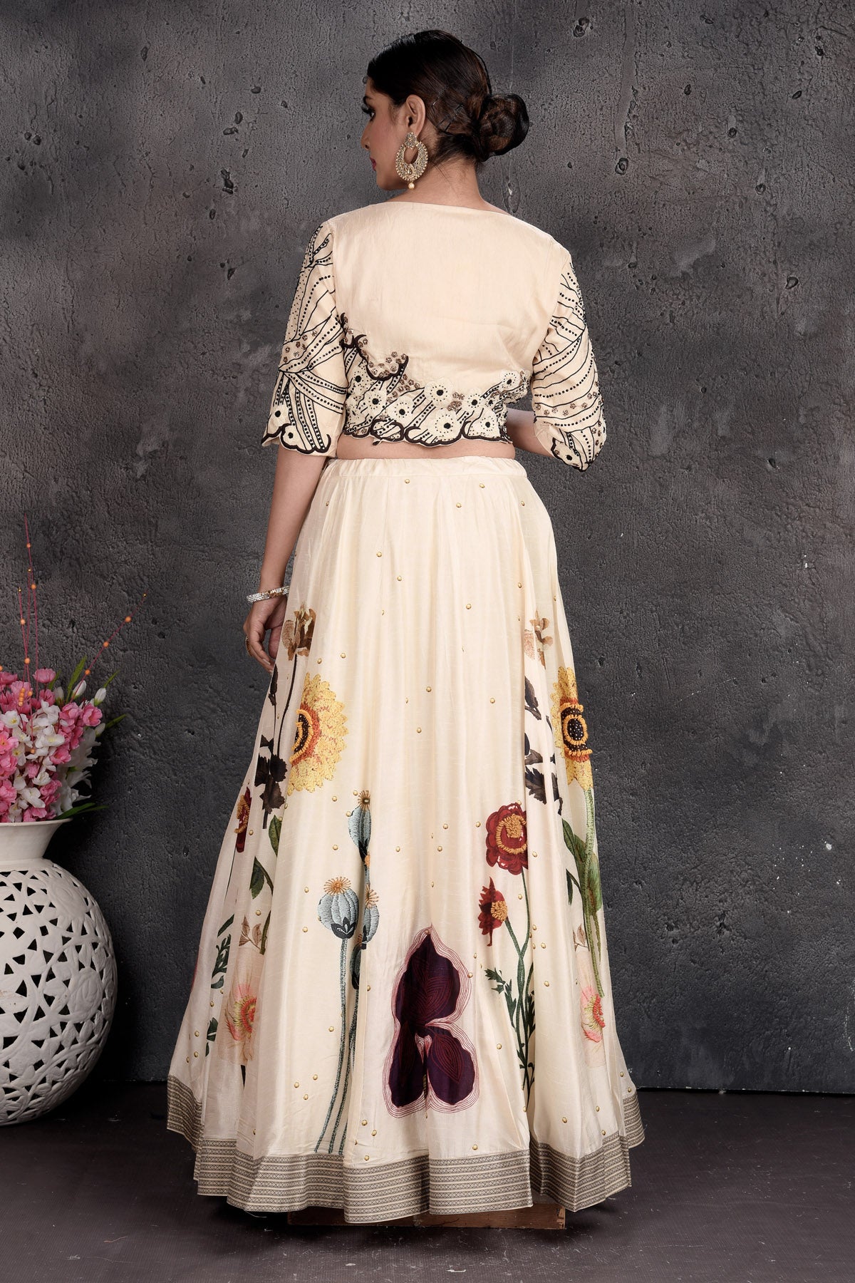 Buy stunning cream embroidered designer lehenga online in USA with dupatta. Set a fashion statement at parties in designer dresses, Anarkali suits, designer lehengas, gowns, Indowestern dresses from Pure Elegance Indian fashion store in USA.-back