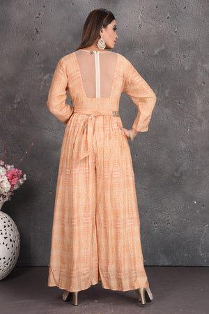 Buy beautiful peach designer jumpsuit online in USA with embellished belt. Set a fashion statement at parties in designer dresses, Anarkali suits, designer lehengas, gowns, Indowestern dresses from Pure Elegance Indian fashion store in USA.-back