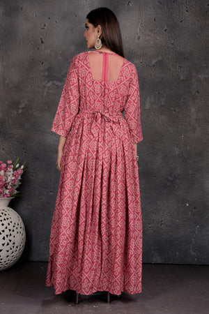 Shop stunning pink bandhej print jumpsuit online in USA. Set a fashion statement at parties in designer dresses, Anarkali suits, designer lehengas, gowns, Indowestern dresses from Pure Elegance Indian fashion store in USA.-back
