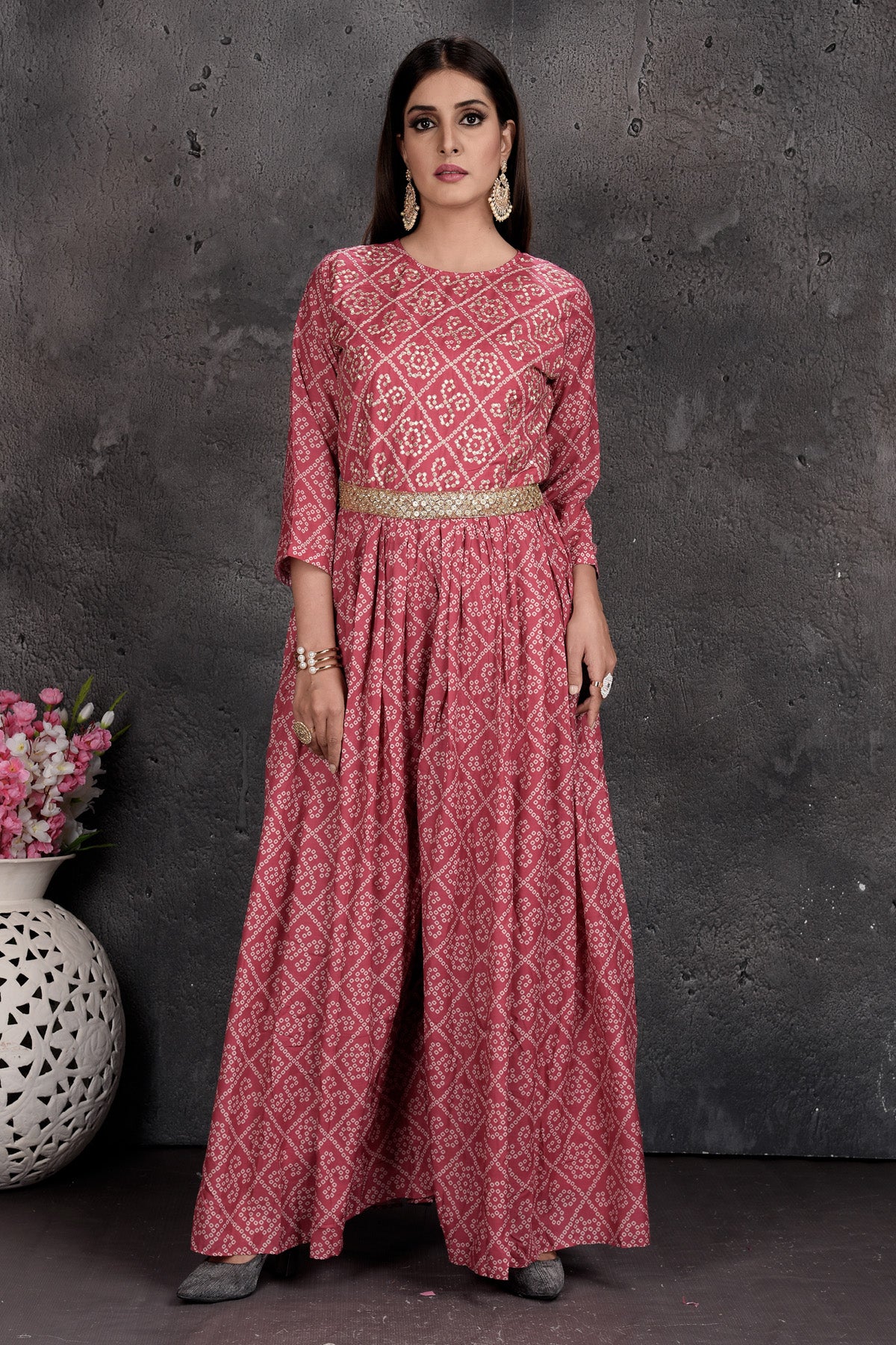 Shop stunning pink bandhej print jumpsuit online in USA. Set a fashion statement at parties in designer dresses, Anarkali suits, designer lehengas, gowns, Indowestern dresses from Pure Elegance Indian fashion store in USA.-full view