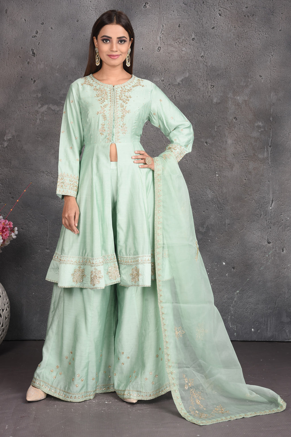 Shop beautiful mint green embroidered designer sharara suit online in USA. Set a fashion statement at parties in designer dresses, Anarkali suits, designer lehengas, gowns, Indowestern dresses from Pure Elegance Indian fashion store in USA.-full view